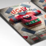 Editable flyer template for an ugly sweater party with snowflakes and playful text.