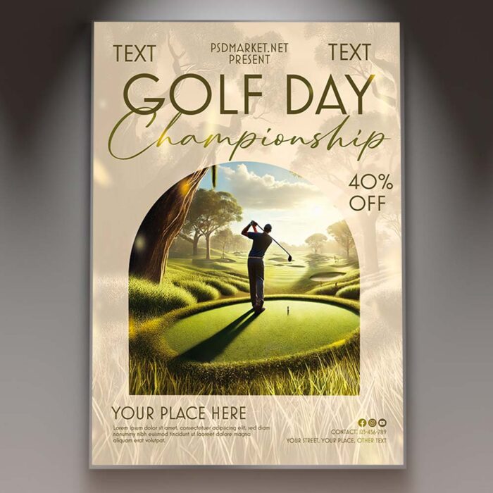 Golf tournament flyer design featuring golf balls, clubs, and fairway imagery.