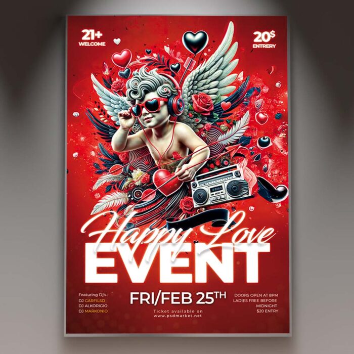 Romantic flyer design with hearts and soft tones for a Valentine's Day event.