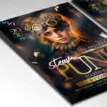 Vintage steampunk flyer with Victorian aesthetics and mechanical elements.