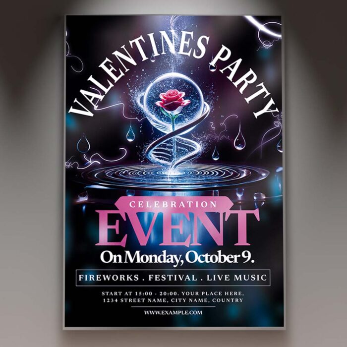 Romantic Valentine's Day party flyer with hearts and roses.