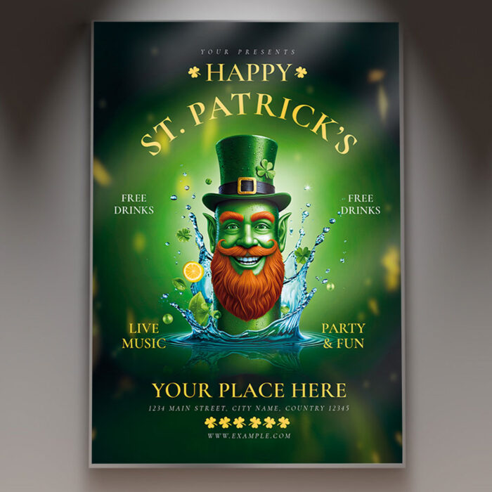 Festive St. Patrick’s Day flyer featuring shamrocks and leprechaun graphics.