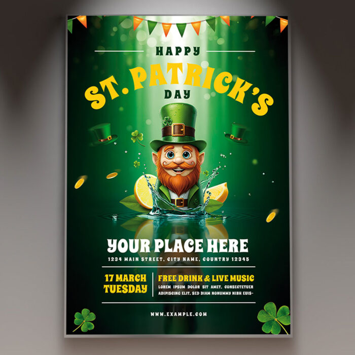 Saint Patrick's Day flyer featuring green colors, shamrocks, and beer mugs.