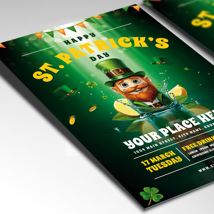 Vibrant flyer design for Saint Patrick’s Day event with Irish-themed symbols.