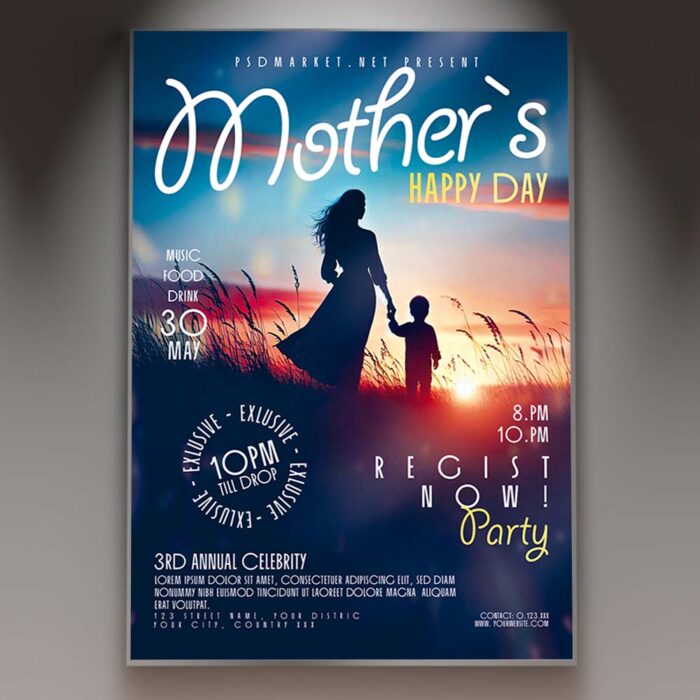 Mother's Day flyer design with soft pastel colors and floral accents.