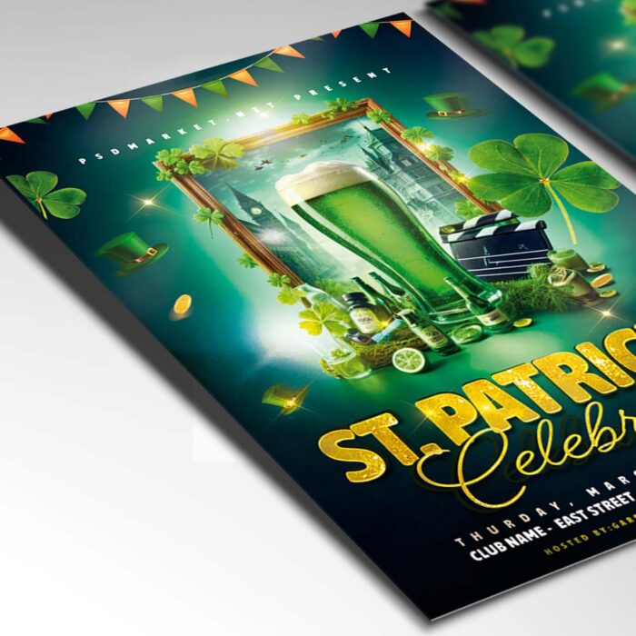 Editable Patrick's Day flyer template with festive elements for event promotion.