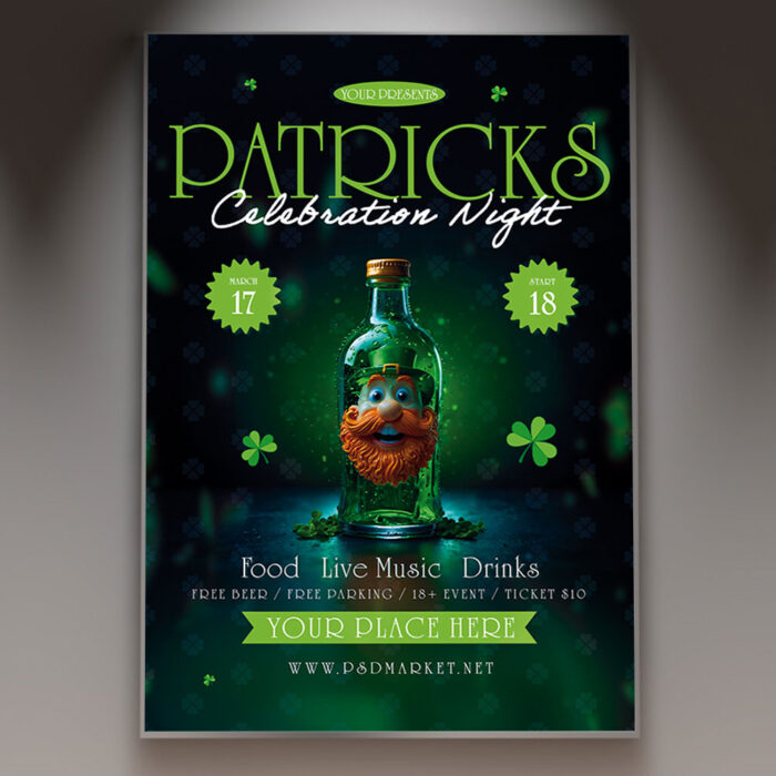 Patrick's Day flyer with vibrant green colors and shamrocks.