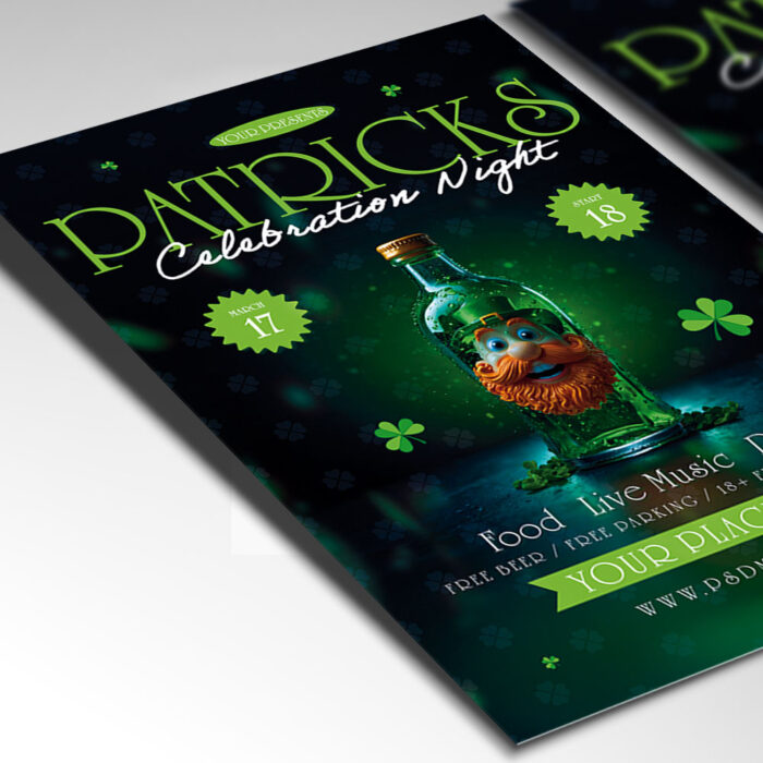 Festive St. Patrick’s Day flyer design with beer mugs and Celtic graphics.