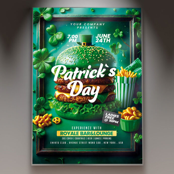Festive Patrick’s Day flyer showcasing a St. Patrick’s Day event with shamrocks and green accents.