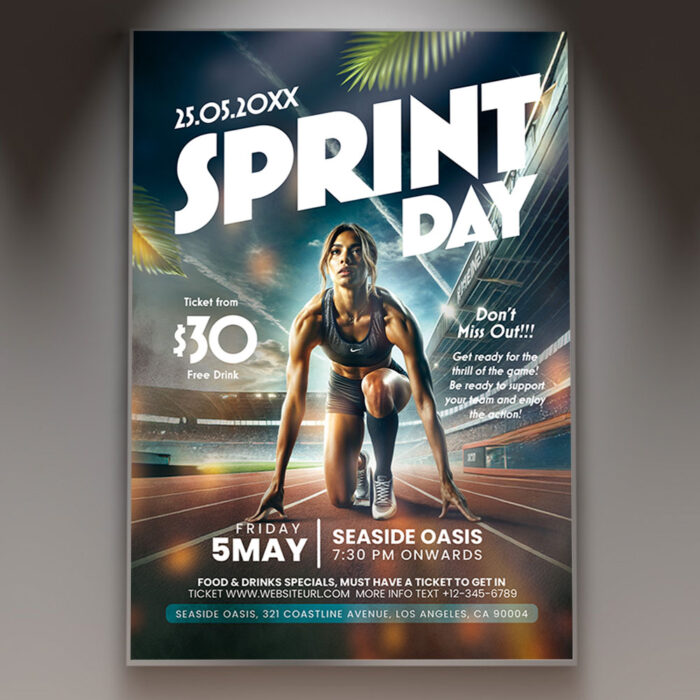 Energetic Sprint Day flyer featuring bold design elements for a running race.
