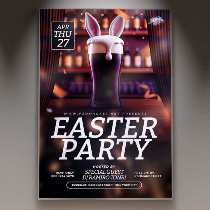 Colorful Easter party flyer with vibrant design and festive graphics.