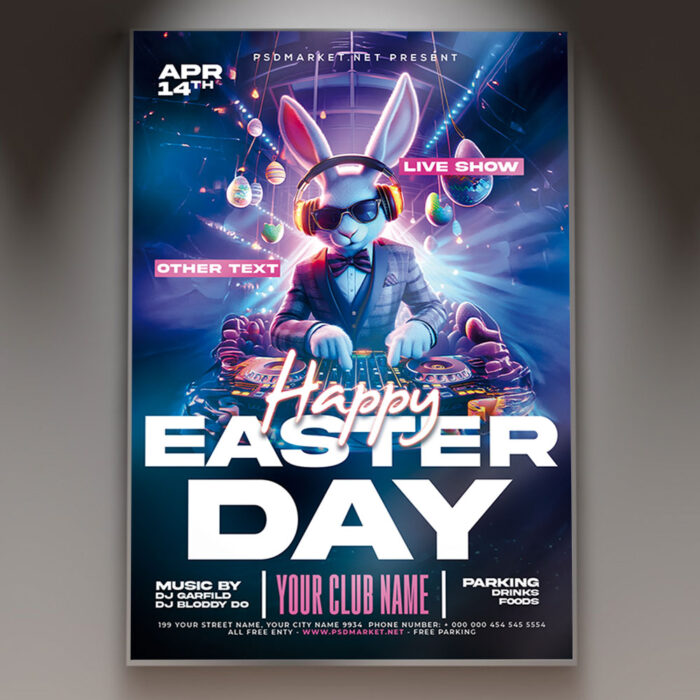 Easter-themed flyer design with colorful eggs, flowers, and bold graphics.