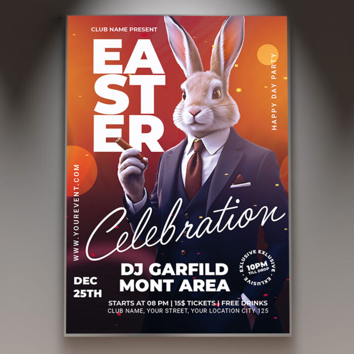 Easter celebration flyer featuring colorful eggs, bunnies, and flowers.