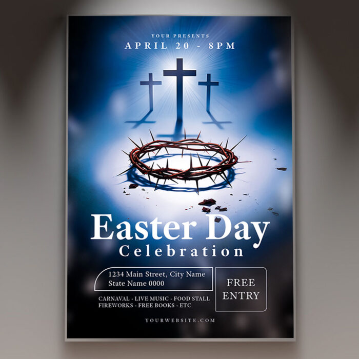 Colorful Easter flyer template featuring eggs, bunnies, and festive spring elements.