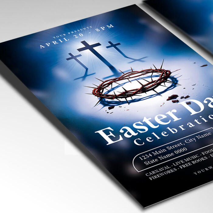 Editable Easter celebration flyer with pastel-themed decorations and event details.