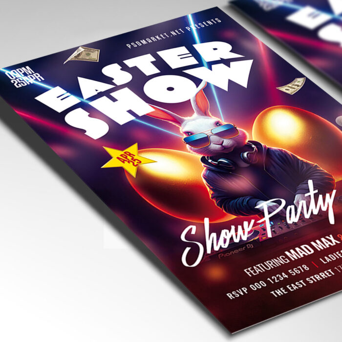 Promotional flyer for Easter event featuring bunnies, eggs, and festive graphics.