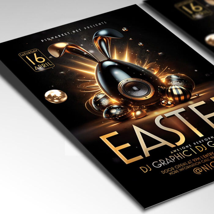 Gold Easter flyer featuring eggs, bunnies, and luxurious gold borders.