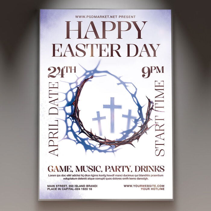 Bright and colorful Easter flyer featuring bunnies, eggs, and spring flowers.