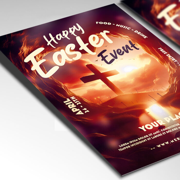 Editable Easter event flyer featuring a cheerful design with springtime imagery.