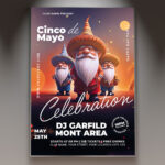 A vibrant Cinco de Mayo flyer featuring colorful maracas and festive text.