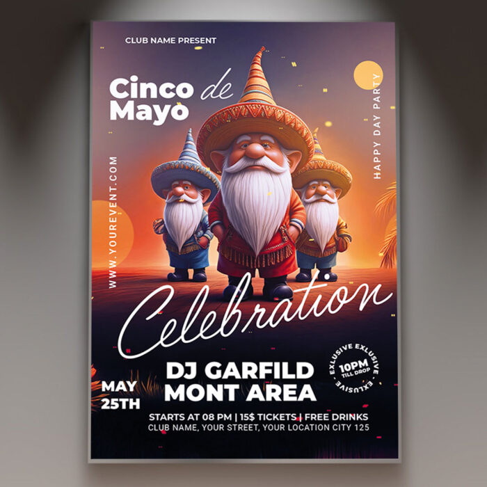 A vibrant Cinco de Mayo flyer featuring colorful maracas and festive text.