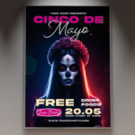 A vibrant Cinco de Mayo event flyer with a stylish girl illustration and festive decorations.