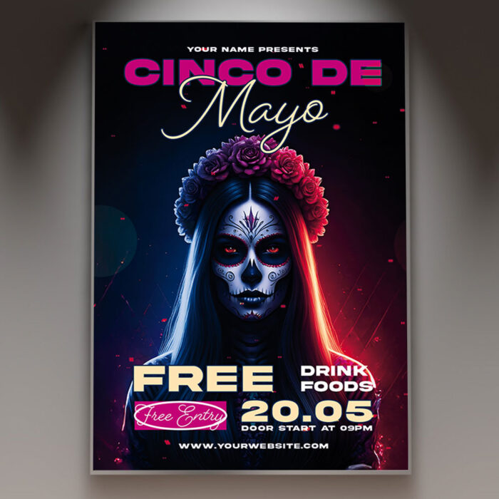 A vibrant Cinco de Mayo event flyer with a stylish girl illustration and festive decorations.