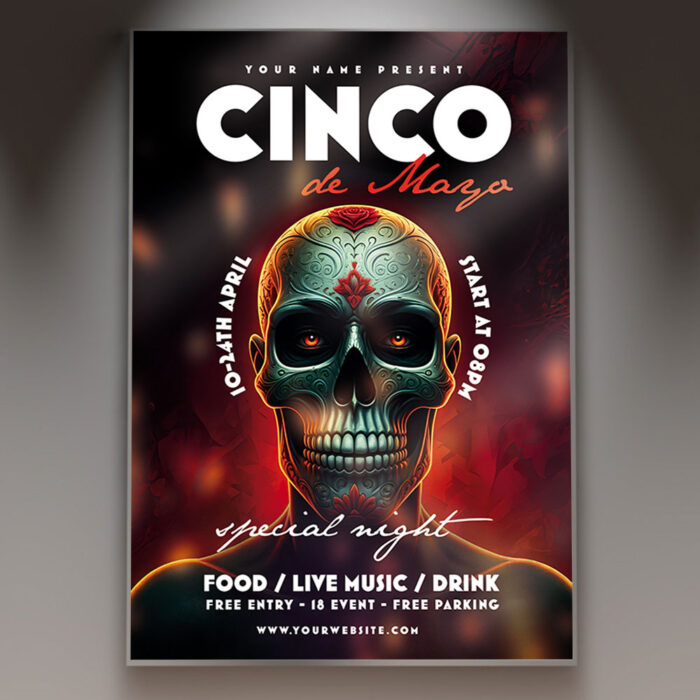 Unique Cinco De Mayo party flyer with a festive skull design.