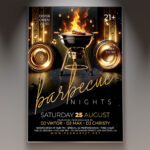 An inviting barbecue night flyer showcasing delicious grilled food under the evening sky.