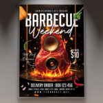 An enticing barbecue weekend flyer showcasing delicious grilled food and a relaxed outdoor setting.