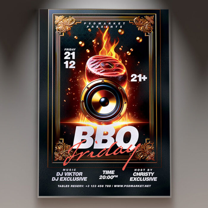 An enticing BBQ Friday flyer showcasing grilled meats and a festive atmosphere.