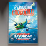 A Bombardiro Crocodilo event flyer template featuring playful crocodile illustrations and a vibrant, high-energy design perfect for a fun celebration at any time.