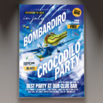A Bombardiro Crocodilo flyer template featuring playful crocodile illustrations and a vibrant, energetic design.