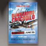 A Bombardiro Crocodilo night flyer template featuring playful crocodile illustrations and a vibrant, high-energy design perfect for a fun nighttime celebration.