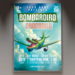 A Bombardiro Crocodilo party flyer template featuring playful crocodile illustrations and a vibrant, high-energy design perfect for a fun celebration.