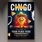 A bright and festive Cinco de Mayo event flyer featuring traditional Mexican decorations and text.