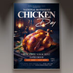 A Happy National Rotisserie Chicken Day flyer template featuring a cheerful design with a golden rotisserie chicken and national celebratory elements, perfect for a widespread food event.