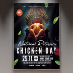 A Happy Rotisserie Chicken Day flyer template featuring a cheerful design with a golden rotisserie chicken, conveying joy and deliciousness for a food event.
