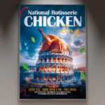 A National Rotisserie Chicken Day flyer template showcasing a perfectly roasted rotisserie chicken, signifying a national celebration, with vibrant, appetizing visuals.
