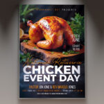 A National Rotisserie Chicken Event Day flyer template featuring a perfectly roasted rotisserie chicken with a celebratory and nationwide feel, ready for a large-scale food promotion.
