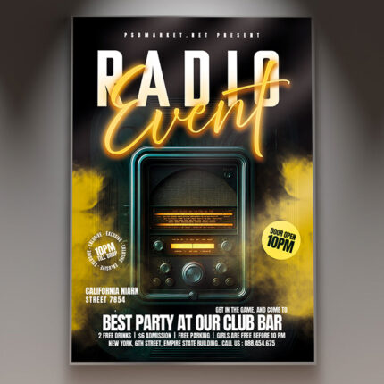 A Radio Event 2025 flyer template featuring modern radio-themed visuals and a bold, energetic design, perfect for promoting upcoming live broadcasts.