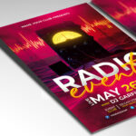 A customizable flyer template designed to highlight exciting radio station events and show appearances, featuring microphone and sound wave graphics.