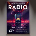 A Radio Event Show flyer template with dynamic radio-themed visuals and bold, energetic design, perfect for promoting live broadcasts.