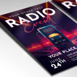 A customizable flyer template designed to highlight exciting radio station events and show appearances, featuring microphone and sound wave graphics.