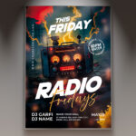 A Radio Friday flyer template featuring dynamic radio-themed imagery and a bold, energetic design, perfect for kicking off the weekend with a party.