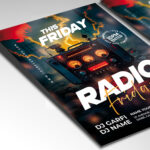 A customizable flyer template designed to promote high-energy Friday events and radio-themed celebrations with vibrant colors and broadcast elements.