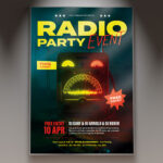 A Radio Party Event flyer template featuring dynamic radio-themed imagery and bold, energetic design, ideal for a lively music celebration.