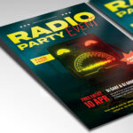 A customizable flyer template designed to promote high-energy radio station parties and DJ events with vibrant colors and broadcast elements.