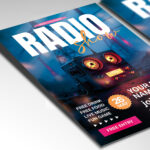 A customizable flyer template designed to promote 2025 radio shows, podcasts, and live broadcasts with contemporary microphone and streaming graphics.