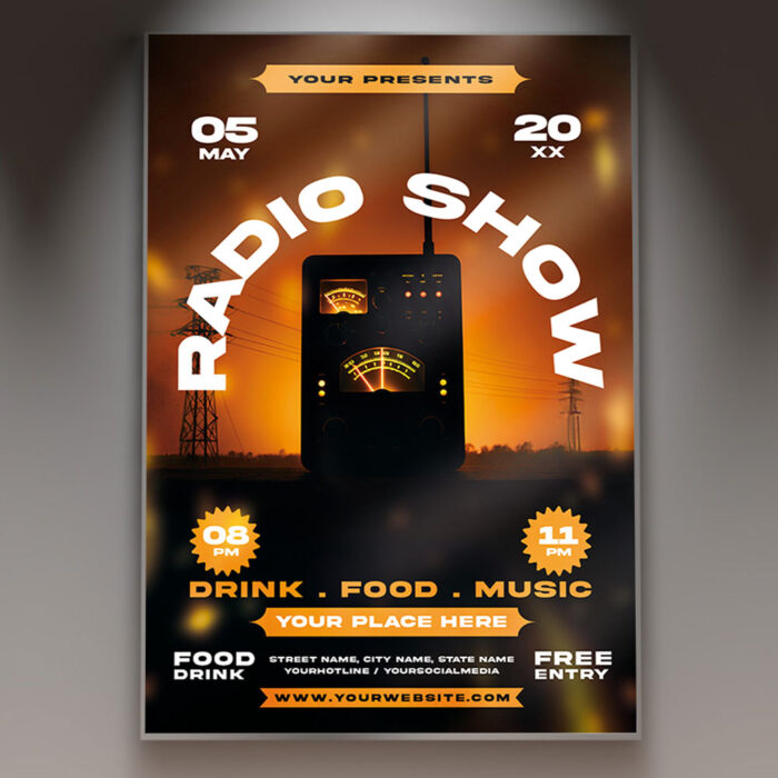 A Radio Show Event flyer template featuring dynamic radio-themed imagery and a bold, energetic design perfect for promoting live audio events.